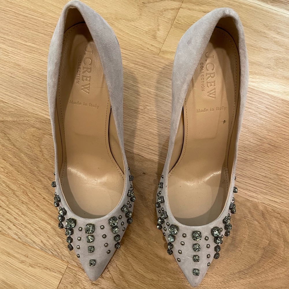 J Crew Collection light gray suede leather embellished pumps heels stilettos 6.5